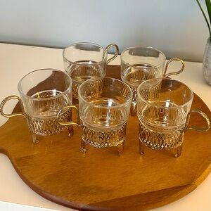 Vintage Vereco France Espresso Glass Set of 5 w/ Metal Holders MCM Coffee Cups
